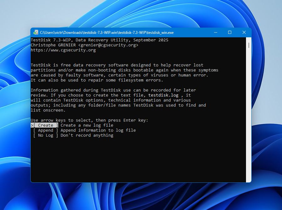 Test Disk create a new log file