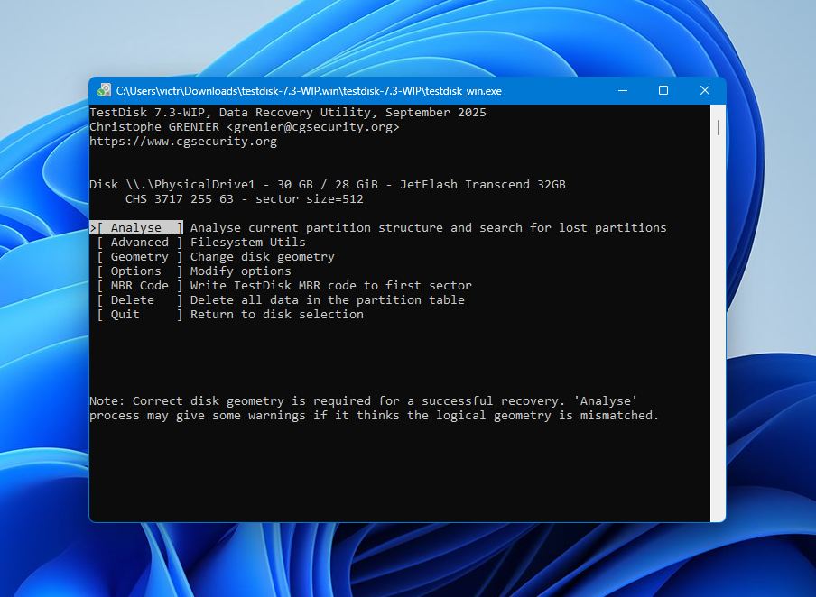 Test Disk select partition type