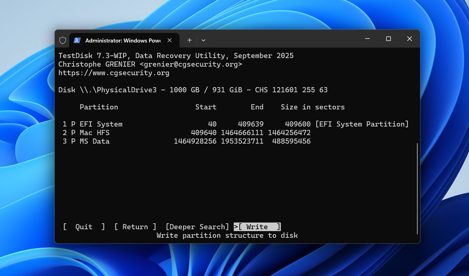 write partitions back on drive