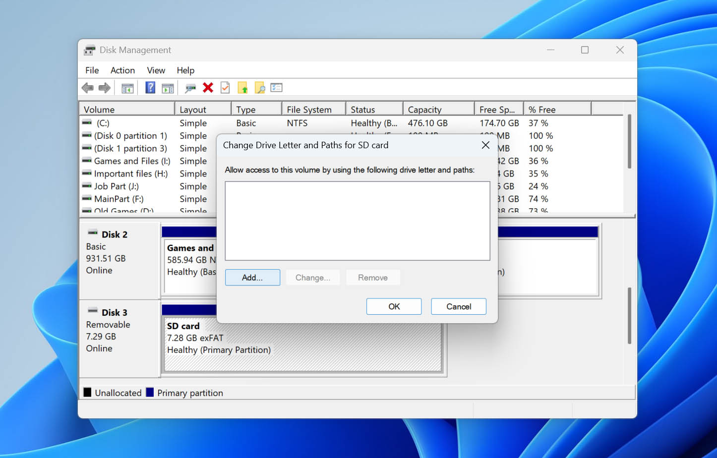 click add sd card drive letter