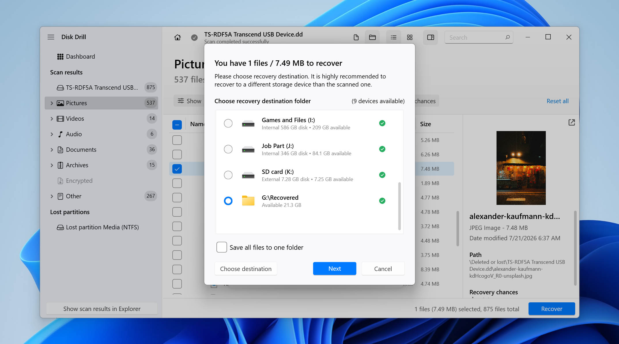 choose recovery location for files