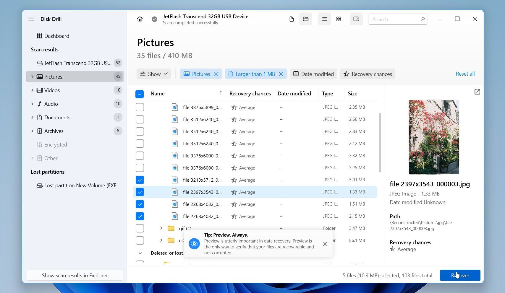 Disk Drill preview files & recover