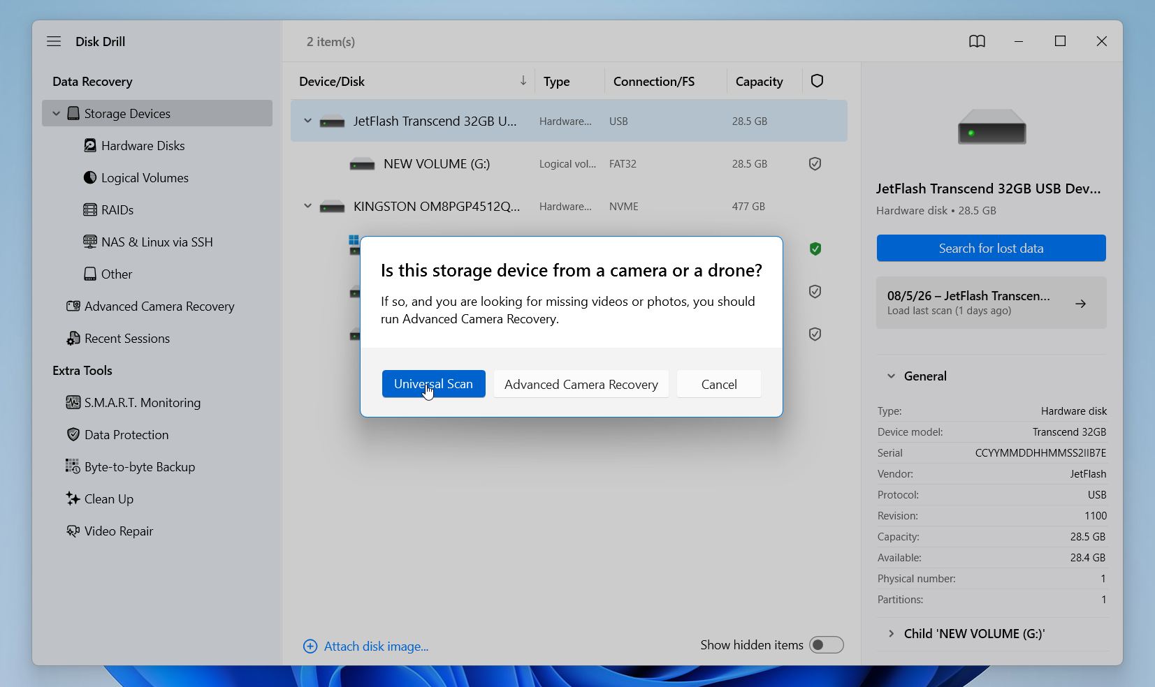 Disk Drill select the recovery option