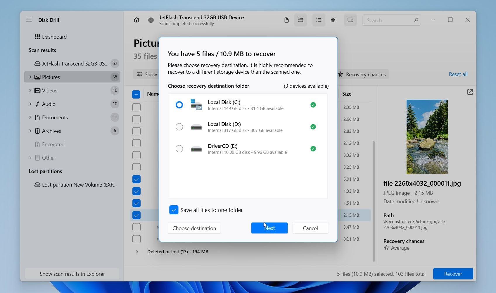 Disk Drill select where to save files