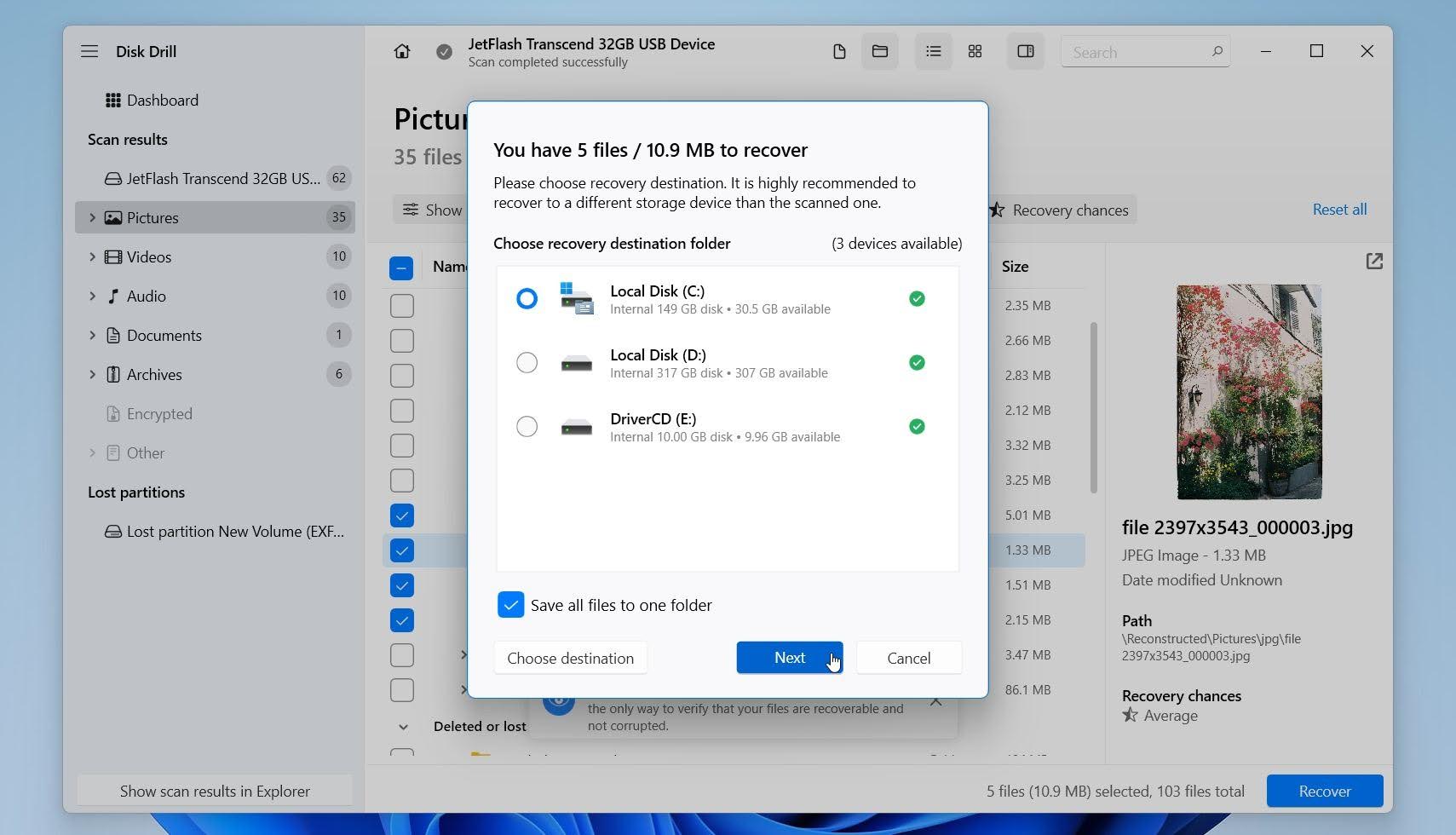 Disk Drill select where to save files