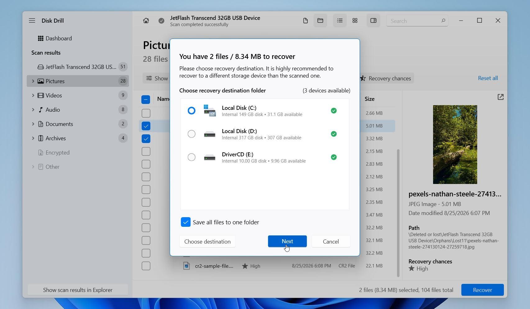 Disk Drill select where to save files
