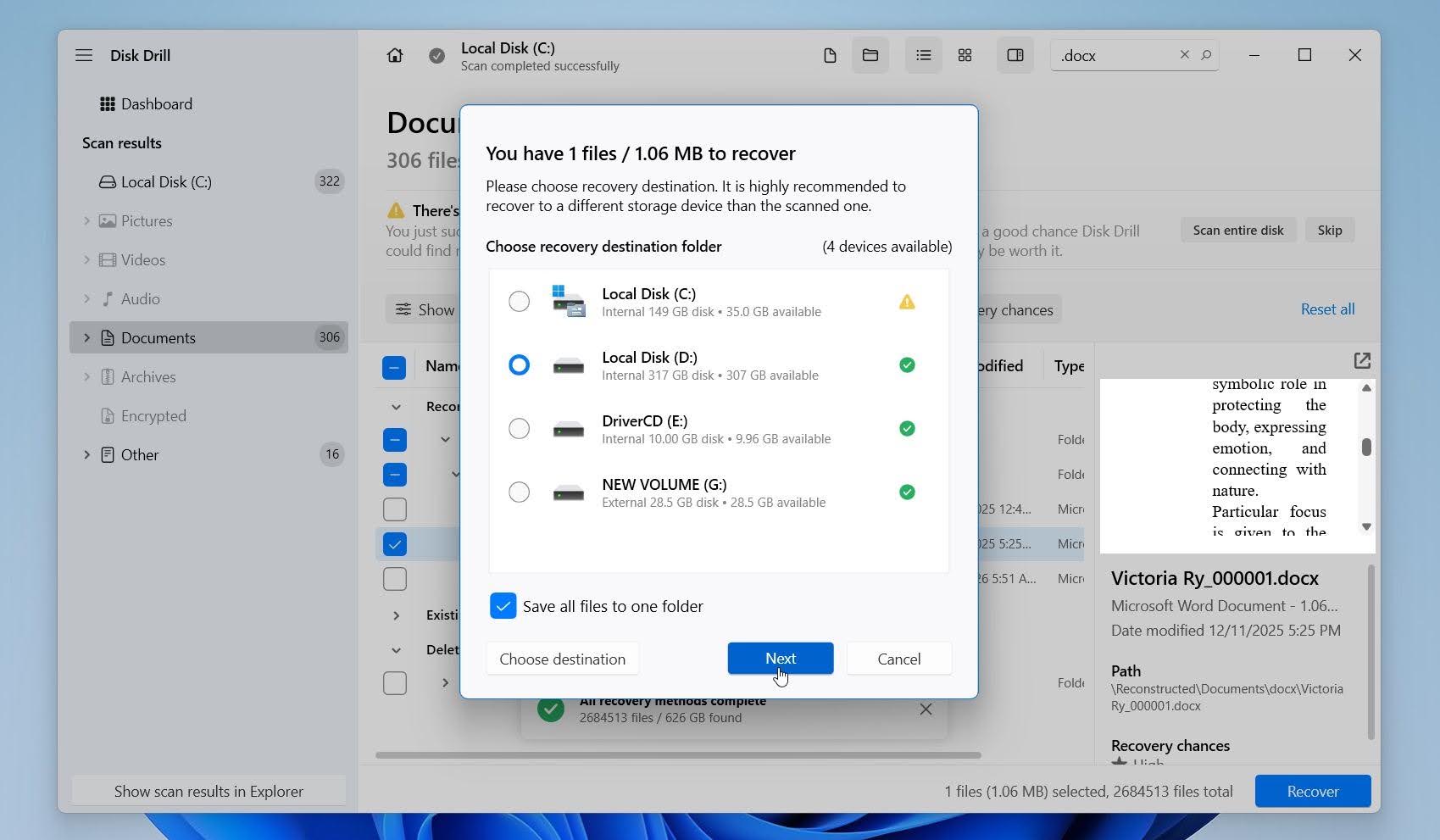 Disk Drill select where to save files