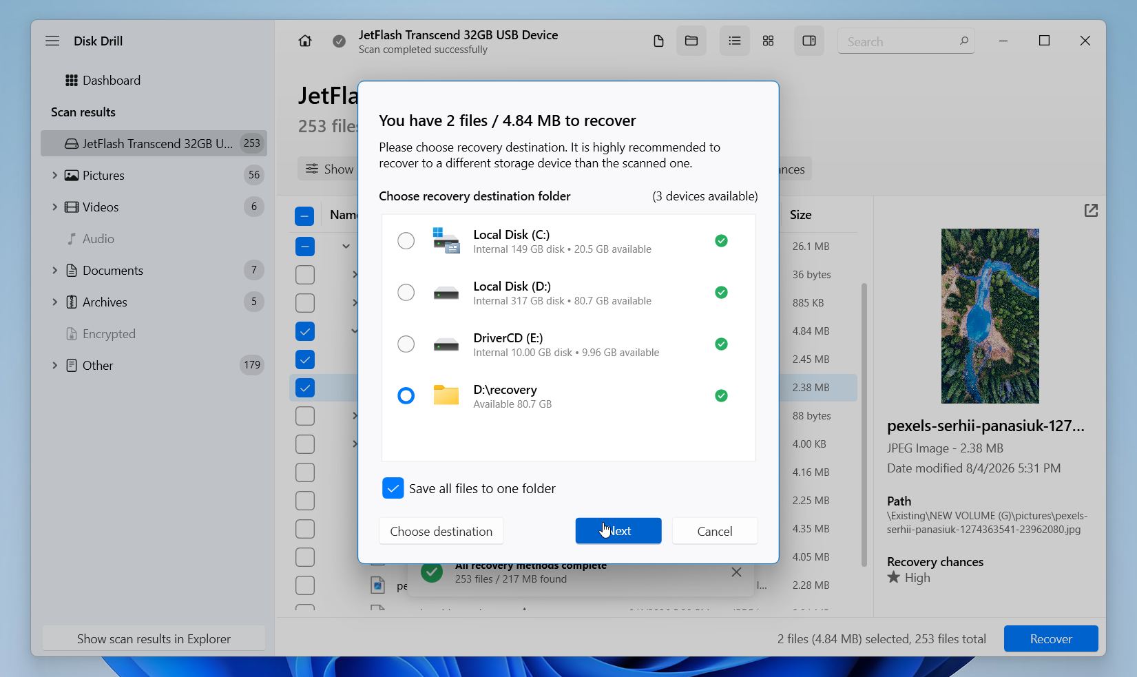 Disk Drill choose where to save your files