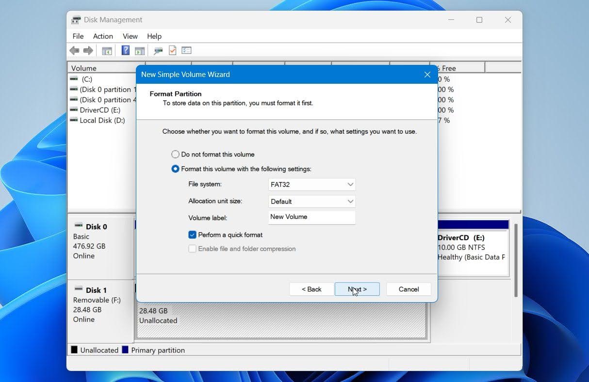 Disk Management start format