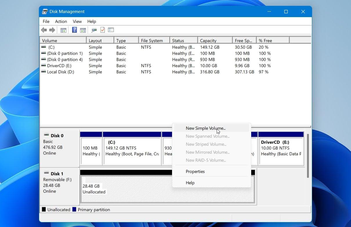 Disk Management New Simple Volume