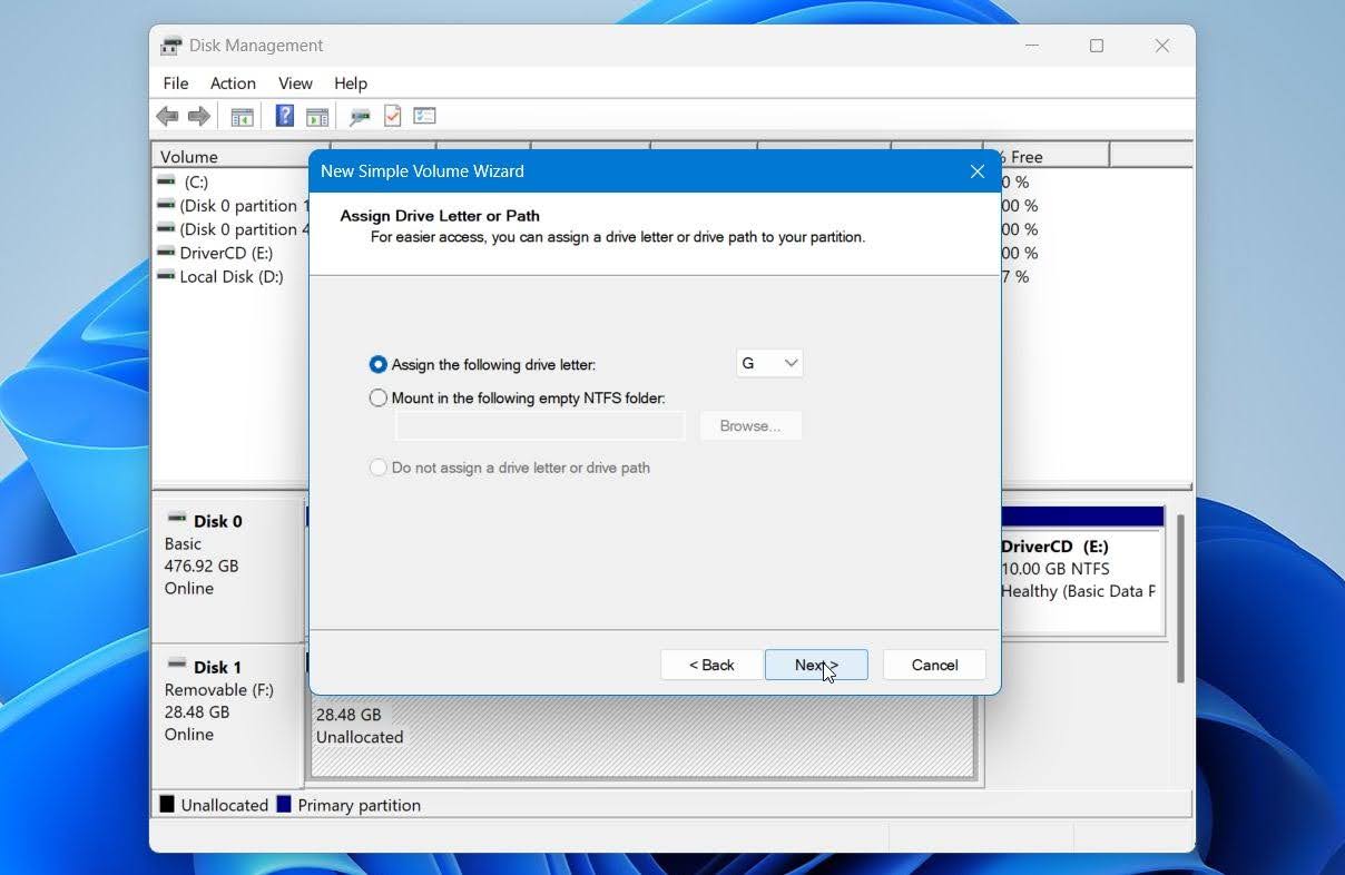 Disk Management select the drive letter
