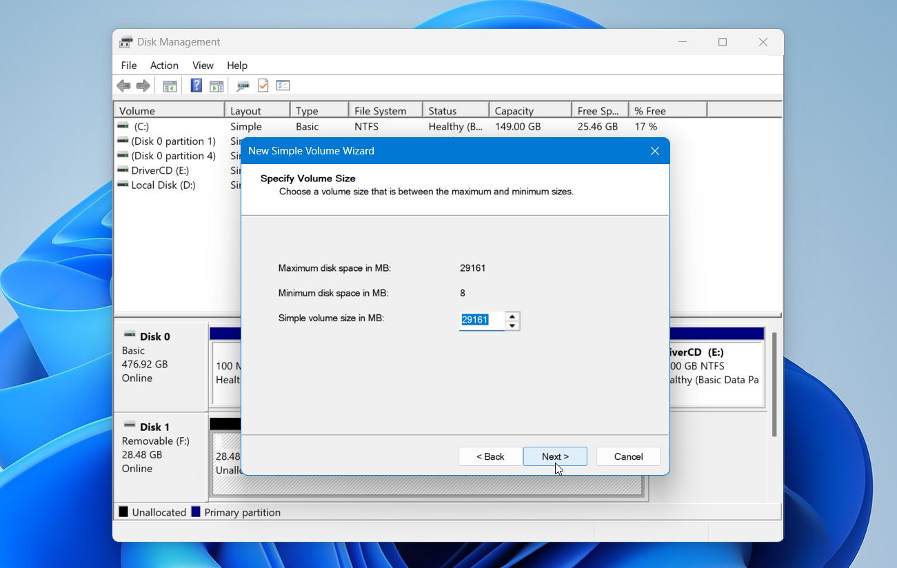 Disk Management select a partition size