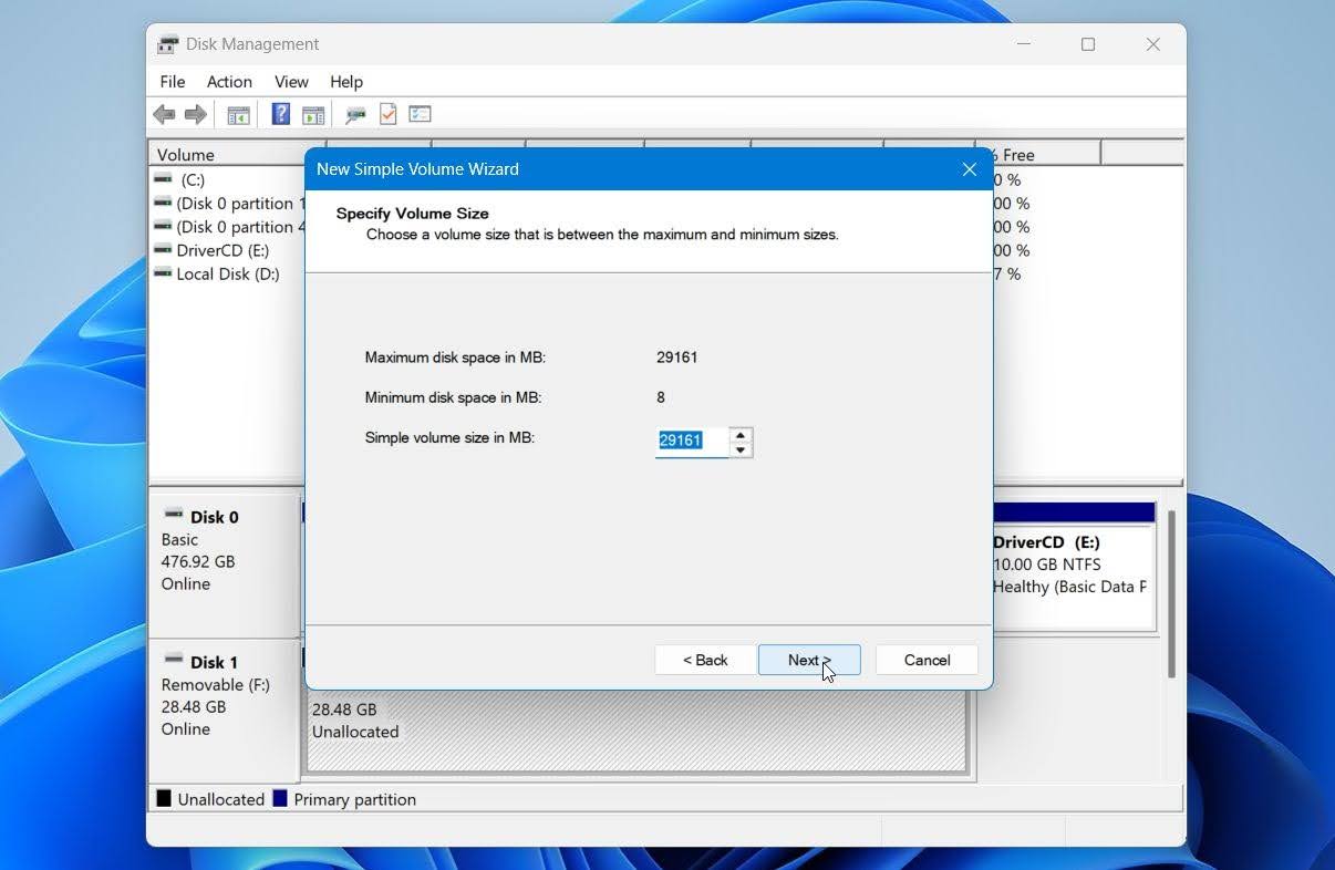 Disk Management select the partition size