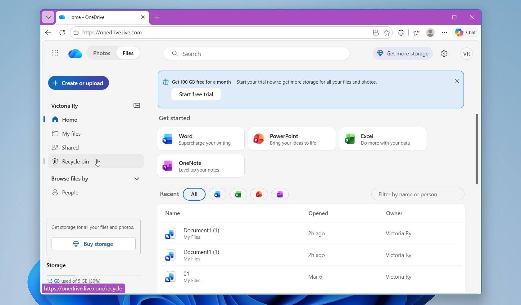 Open OneDrive Recycle Bin