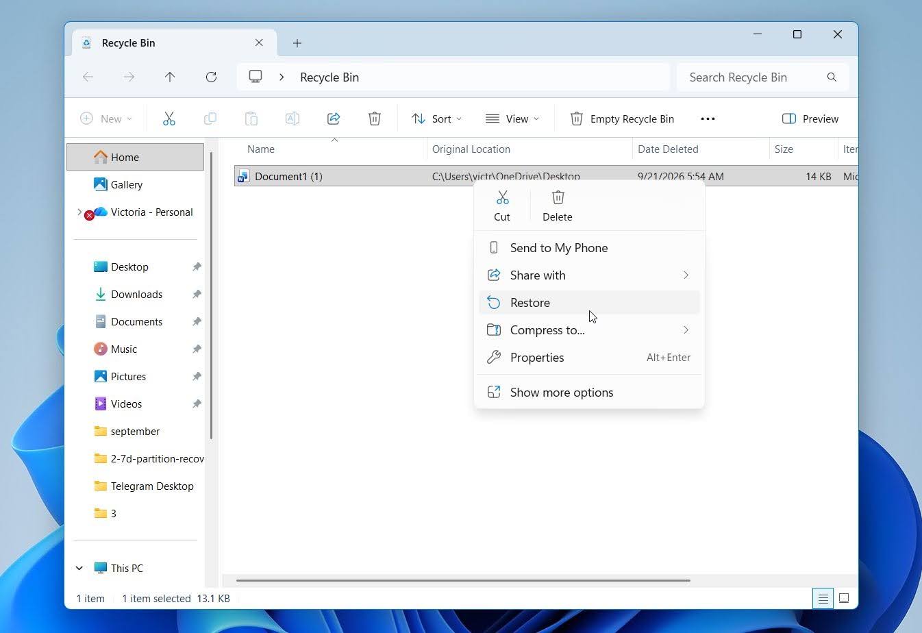 Recover the Word document from the Bin