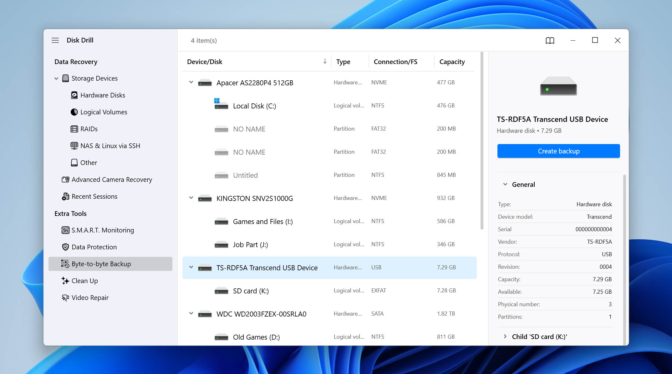 select sd card for backup