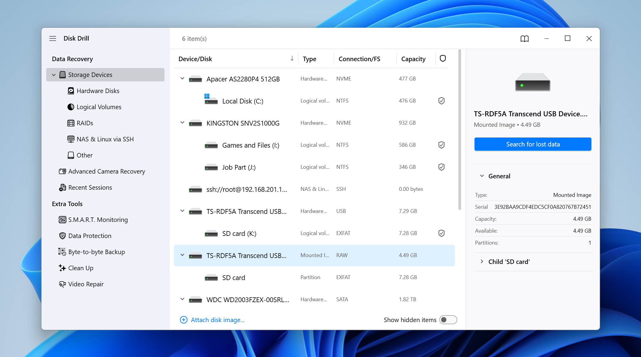 select sd card image for backup