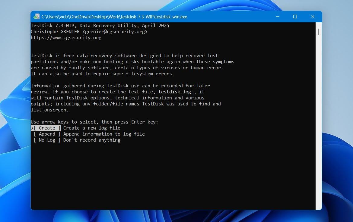 Test Disk create a log